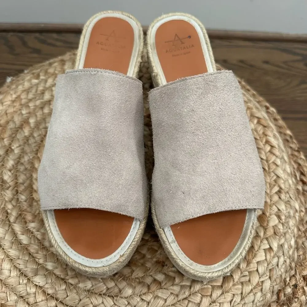 Aquatalia Whitney Platform Slides Stone Suede Espadrille Sandals Size 9M